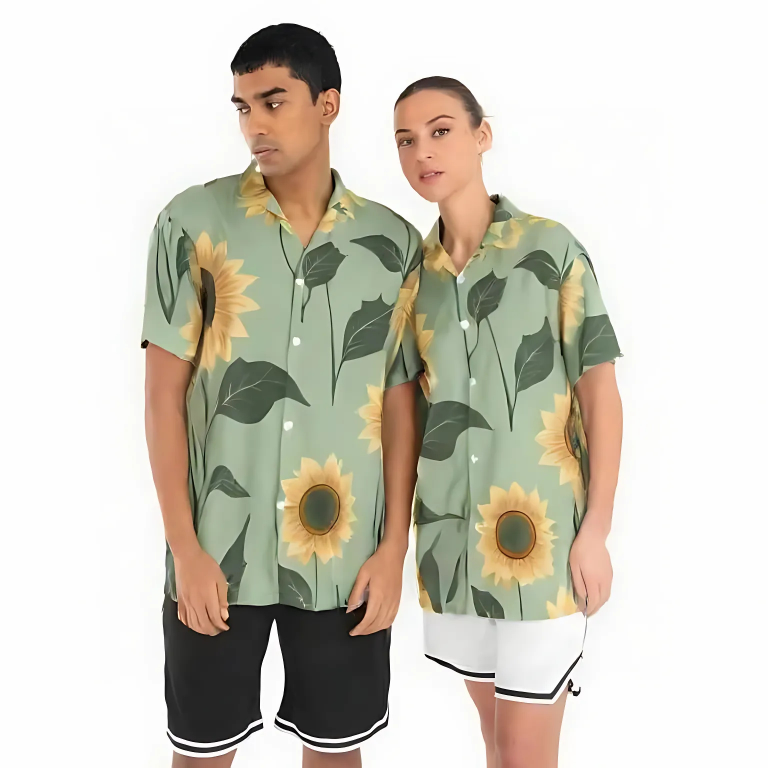 Green Yellow Sunflower Summer Shirt “Sunny Meadow” - UHEL176543