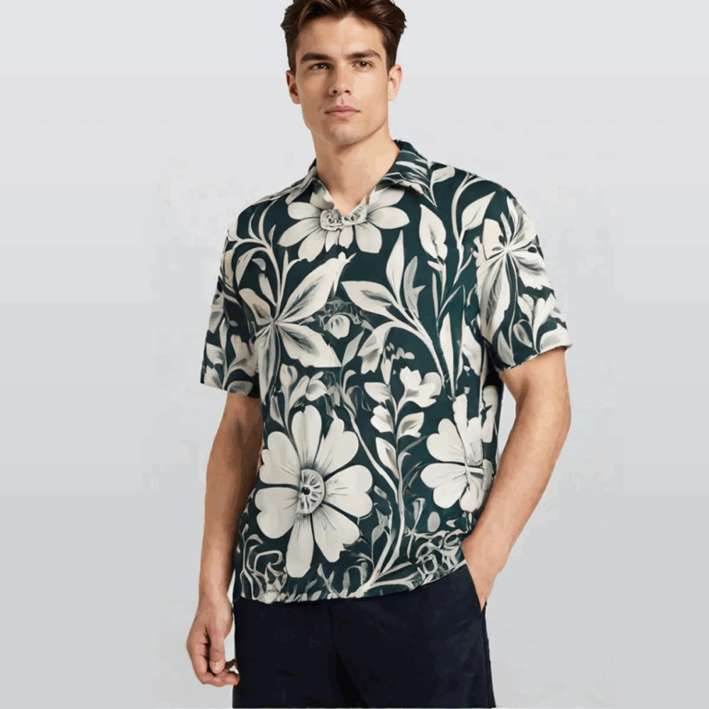 Dark White Floral Midnight Shirt “Nocturnal Bloom” - UHEL175682
