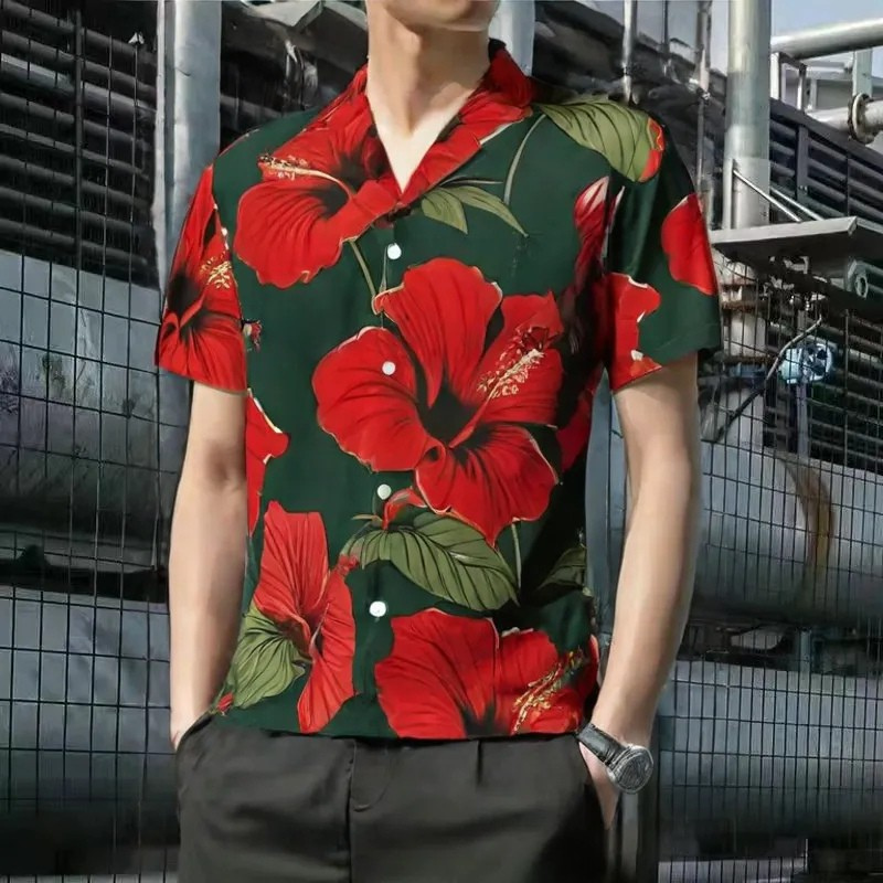 Green Red Hibiscus Floral Shirt “Tropical Flame” - UHEL153678