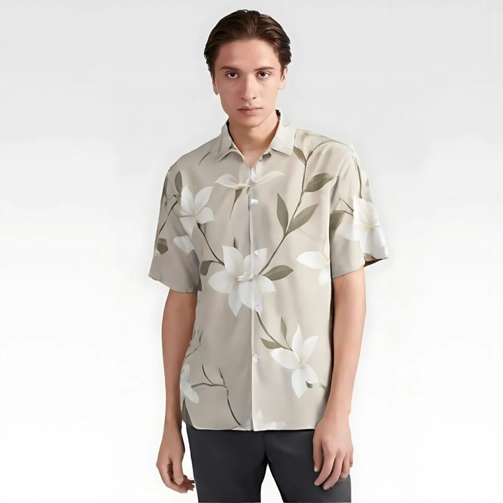 Beige White Magnolia Summer Shirt “Soft Blossom” - UHEL174123