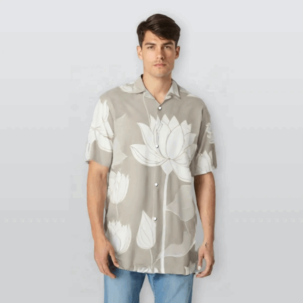 Beige White Lotus Tropical Shirt “Serenity Bloom” - UHEL168901